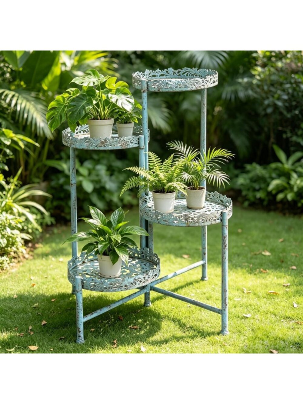 Vintage 4-Tier Corner Plant Stand - Distressed Metal Multi-Level Flower Pot